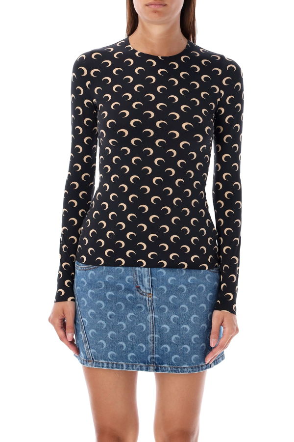 MARINE SERRE Moon Round Neck Second Skin Top - Black Moon Tan