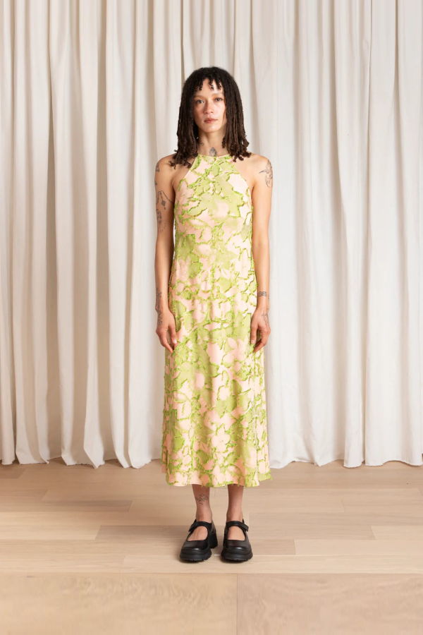 Ali Golden High Neck Bias Cut Dress - Pink/Lime