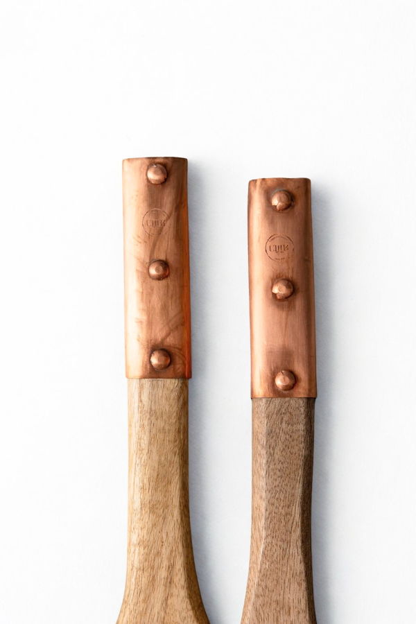 Coppermill Kitchen Wood Serving Utensils with Copper Strap Handles