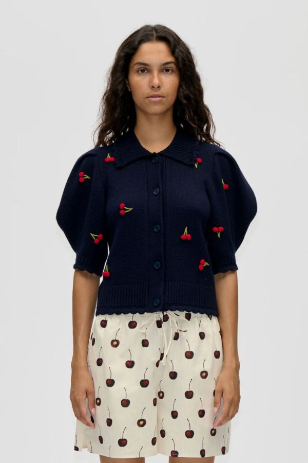 Stine Goya Cherries Bobble Knit Polo Cardigan