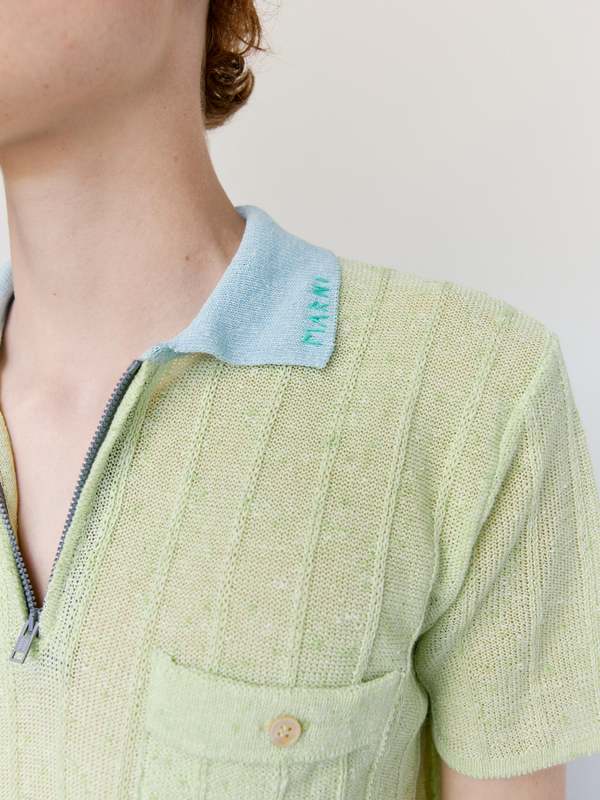 Marni Acid Green Cotton Linen Boucle Polo