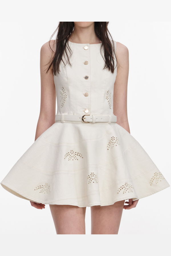 Self-Portrait Broderie Denim Mini Dress - Cream