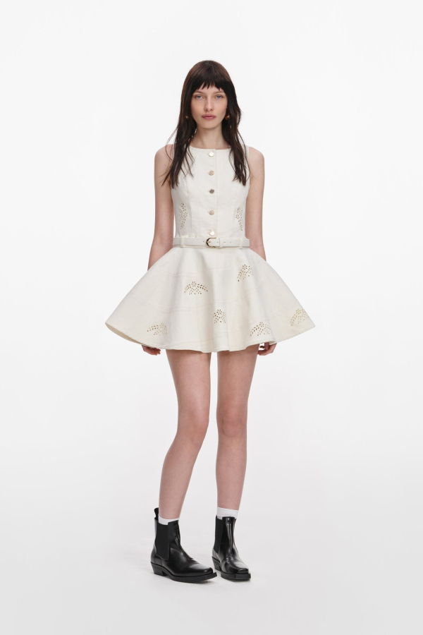 Self-Portrait Broderie Denim Mini Dress - Cream