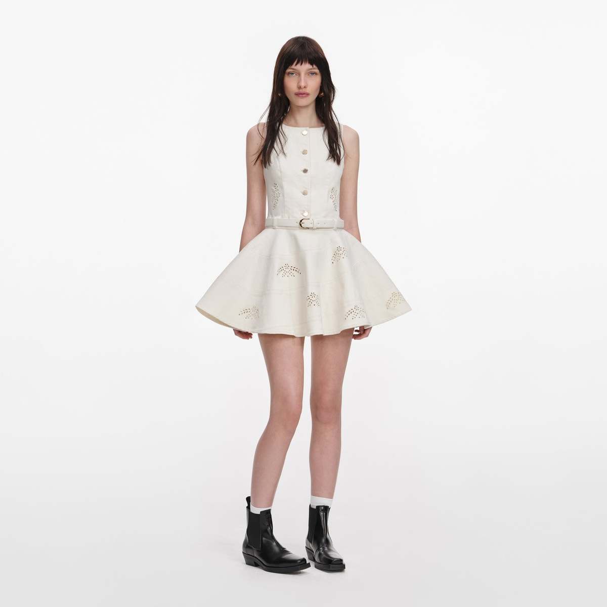 Self-Portrait Broderie Denim Mini Dress - Cream - Image 2 of 5