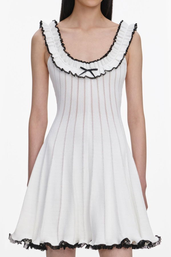 Self-Portrait Contrast Trim Knit Mini Dress - White