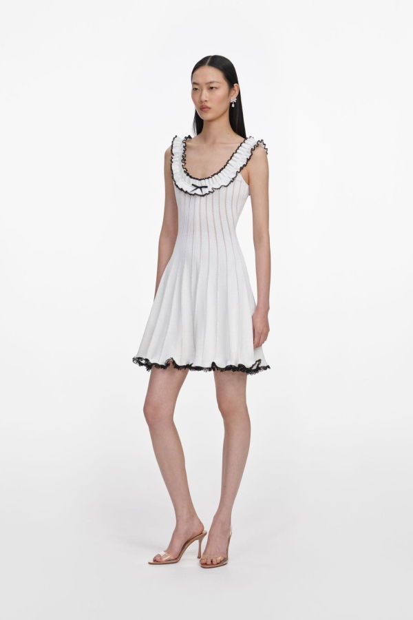 Self-Portrait Contrast Trim Knit Mini Dress - White