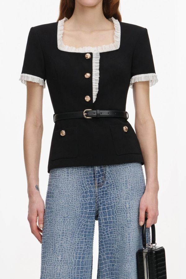 Self-Portrait Crepe Contrast Frill Top - Black