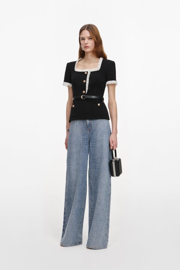 Self-Portrait Crepe Contrast Frill Top - Black