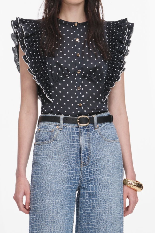 Self-Portrait Polka Dot Frill Top - Black