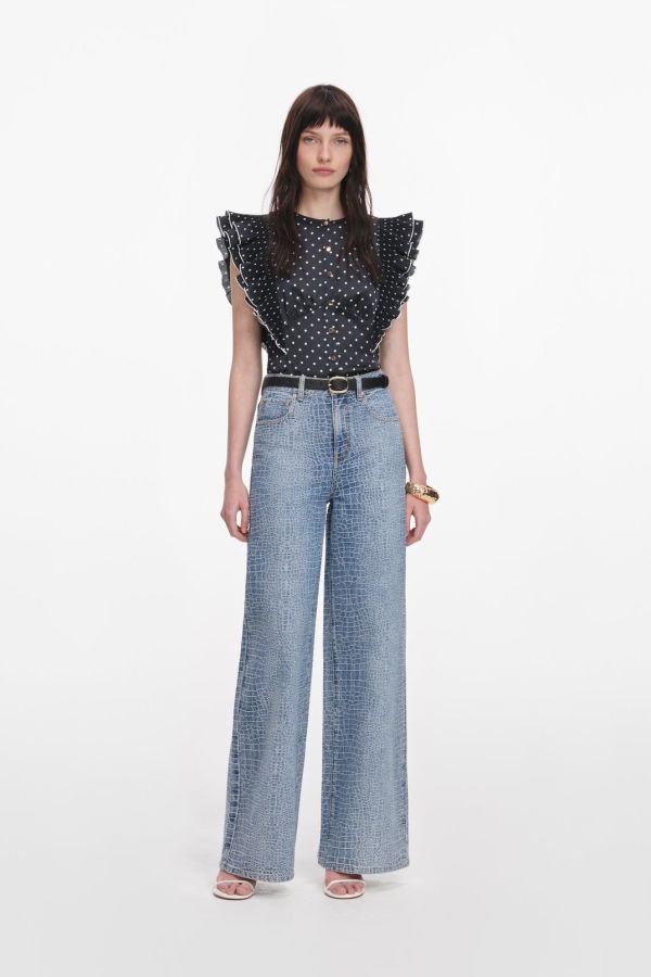 Self-Portrait Polka Dot Frill Top - Black