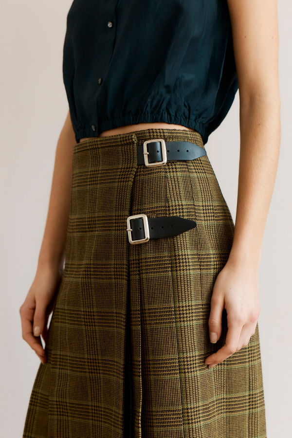 Kids Caramel Kilt - Grey/Green Tartan