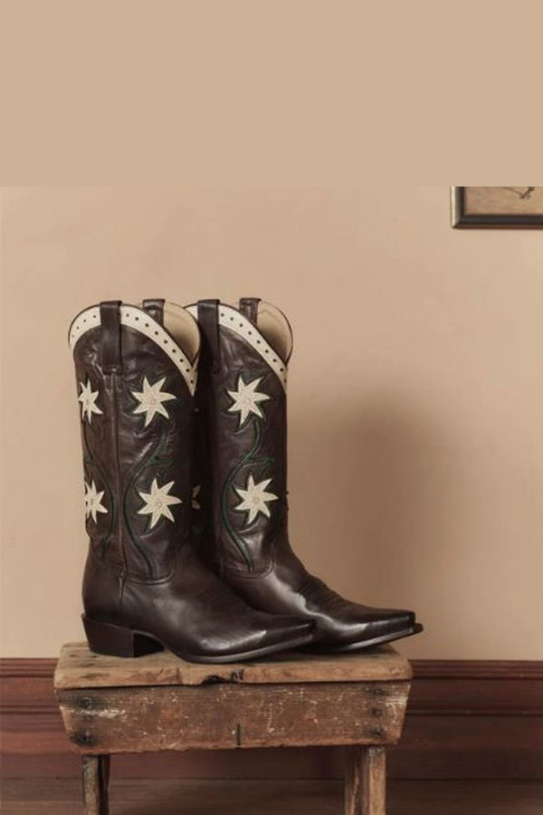 The Great. Cowboy Leather Floral Boot - Brown