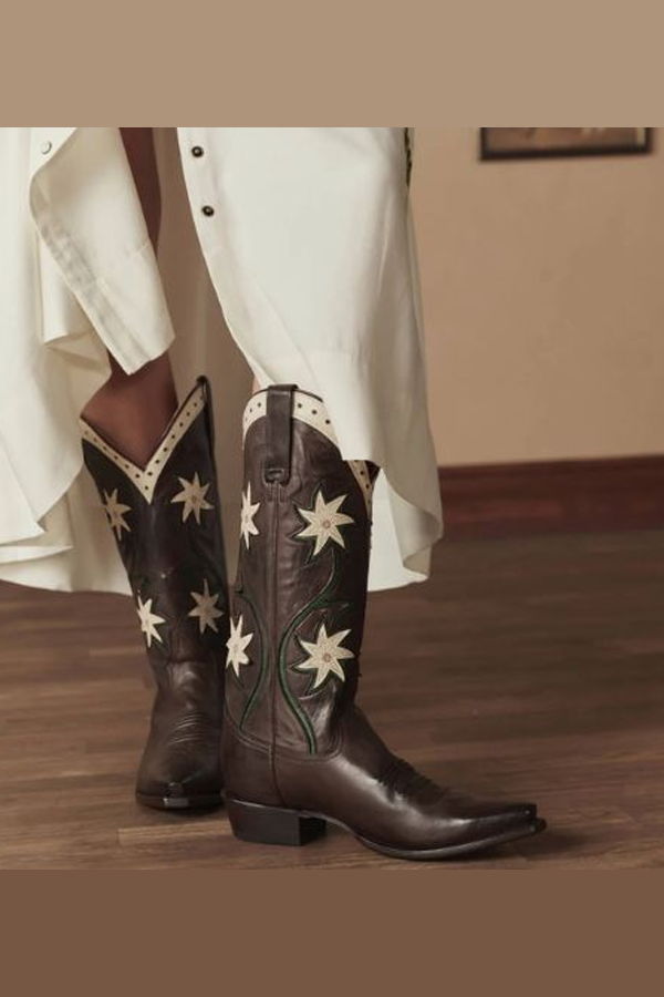 The Great. Cowboy Leather Floral Boot - Brown