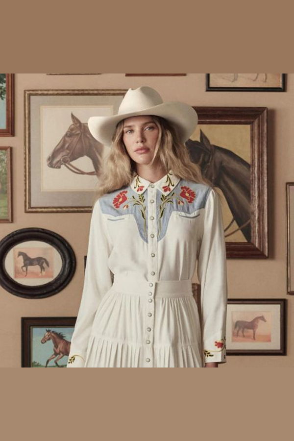 The Great. Embroidered Western Shirt - Cream w/Chambray