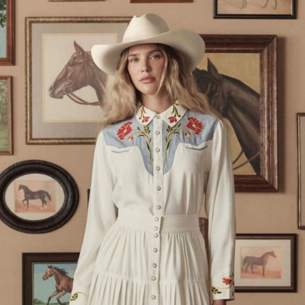 The Great. Embroidered Western Shirt - Cream w/Chambray - Image 1 of 3