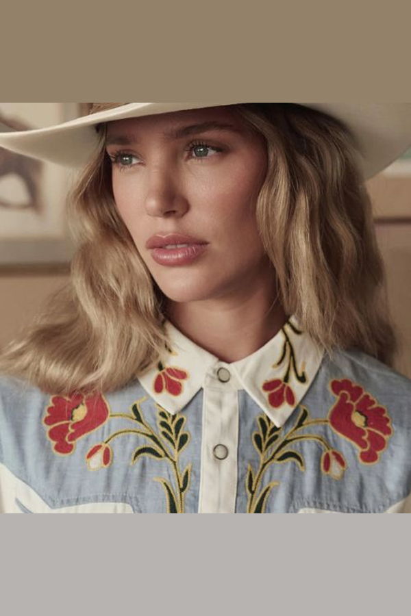 The Great. Embroidered Western Shirt - Cream w/Chambray