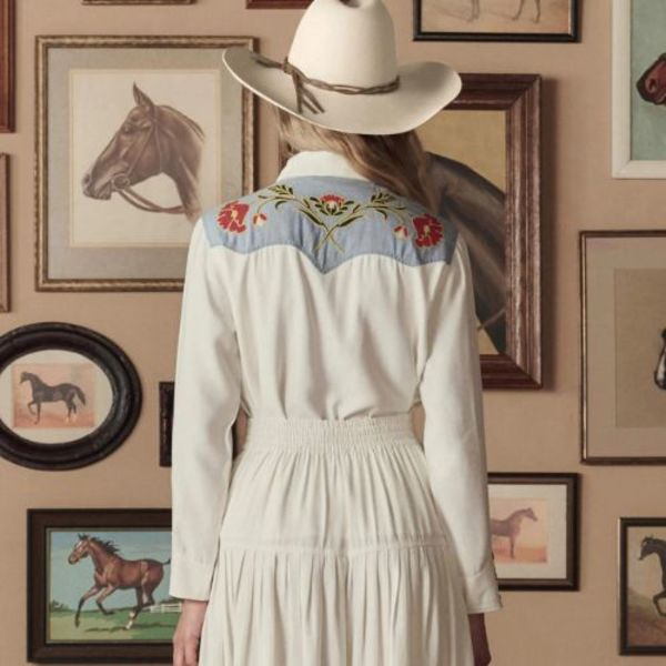 The Great. Embroidered Western Shirt - Cream w/Chambray