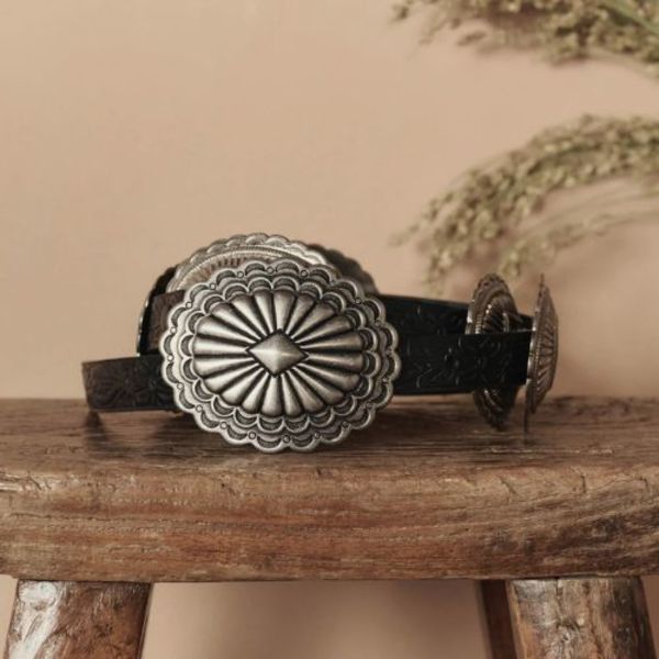 The Great. Tooled Leather Concho Belt - Black w/Silver