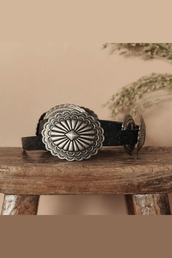 The Great. Tooled Leather Concho Belt - Black w/Silver