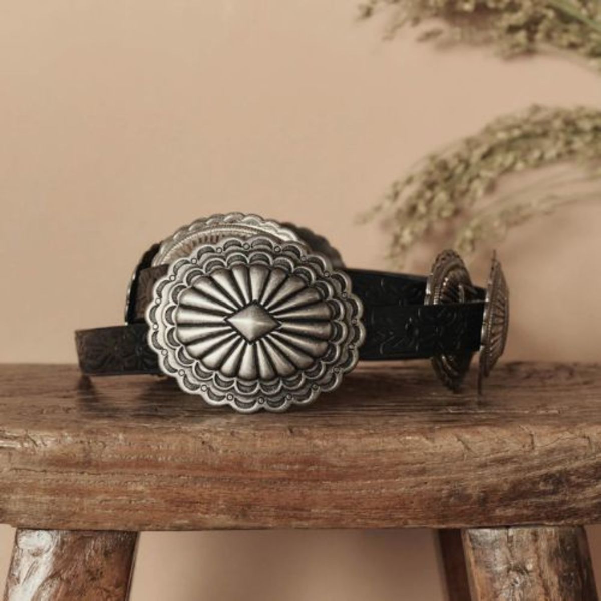 The Great. Tooled Leather Concho Belt - Black w/Silver - Image 2 of 3