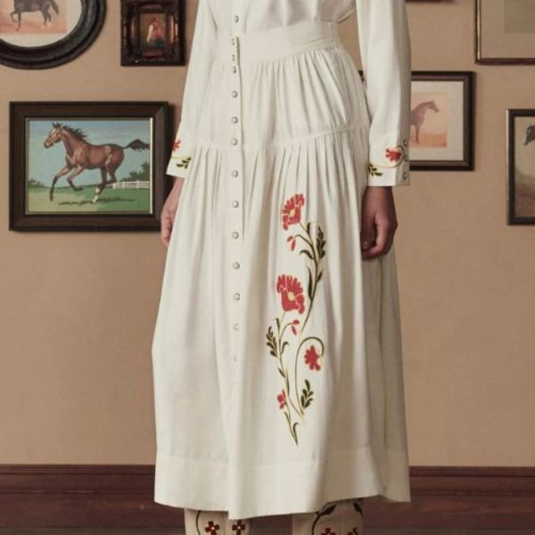 The Great. Western Embroidered Highland Skirt - Cream w/Chambray The Great. Western Embroidered Highland Skirt - Cream w/Chambray