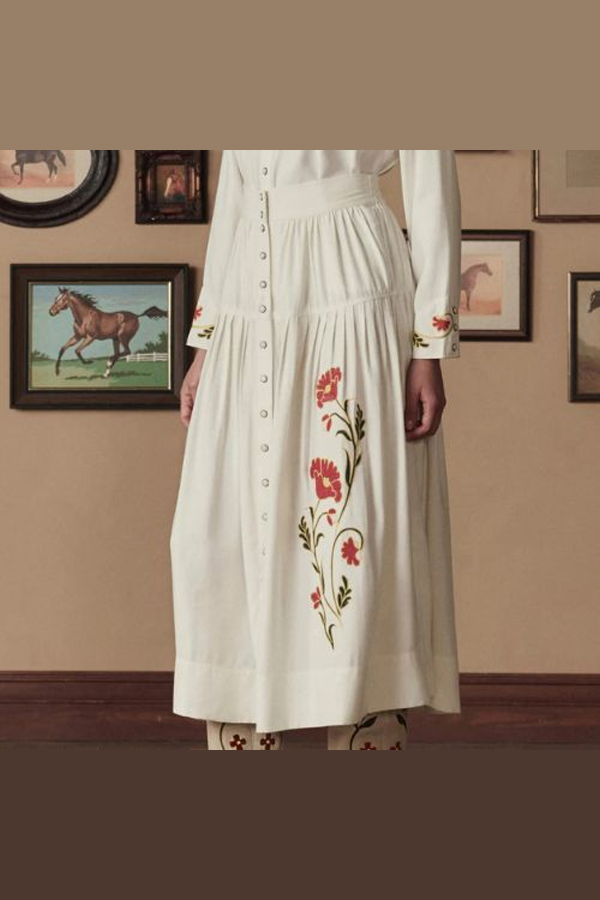 The Great. Western Embroidered Highland Skirt - Cream w/Chambray