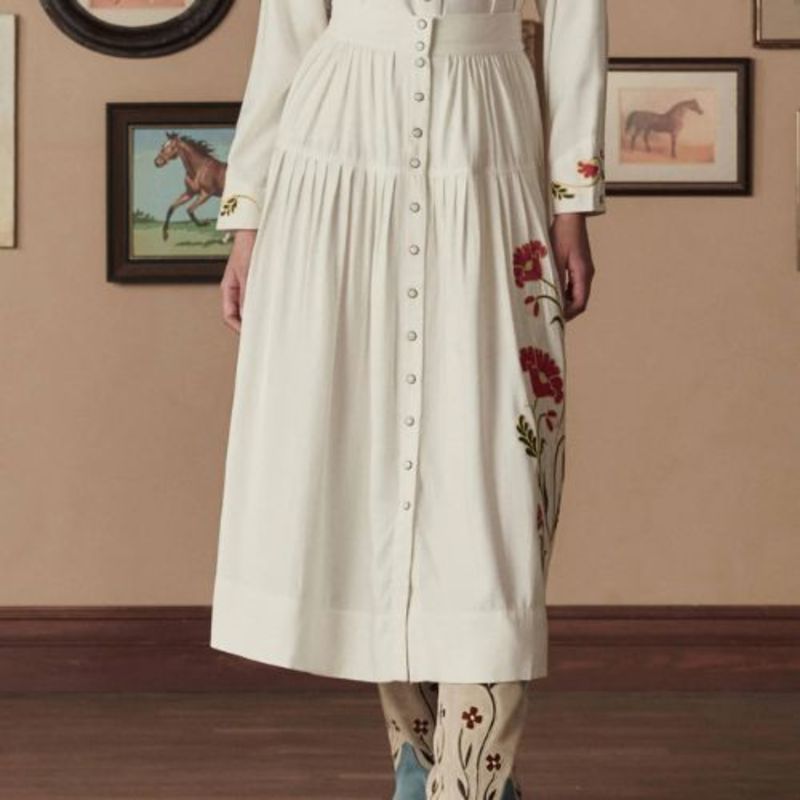 The Great. Western Embroidered Highland Skirt - Cream w/Chambray