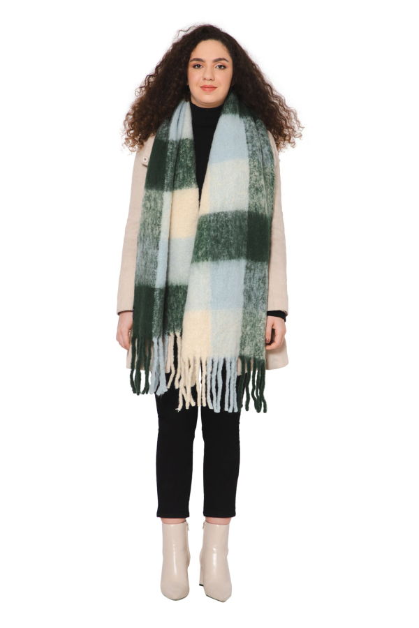 Vismaya Brushed Checkered Print Scarf - Beige Olive