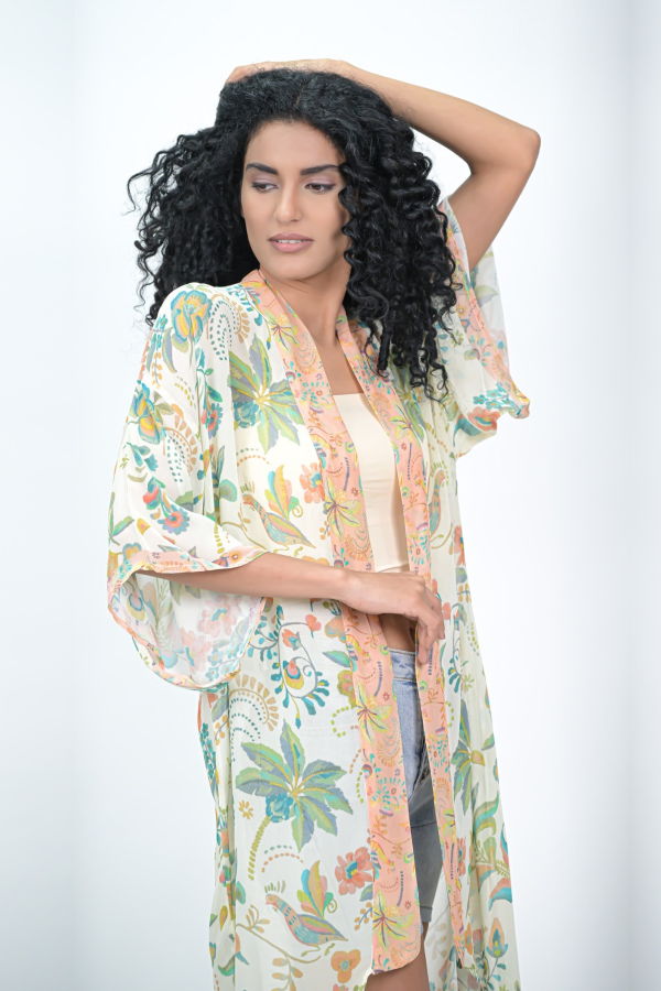 Vismaya Charming Floral Kimono - Beige