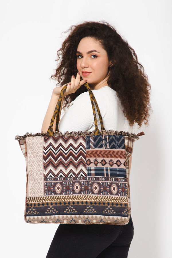 Vismaya Eminent Jacquard Tote Bag - Beige Brown