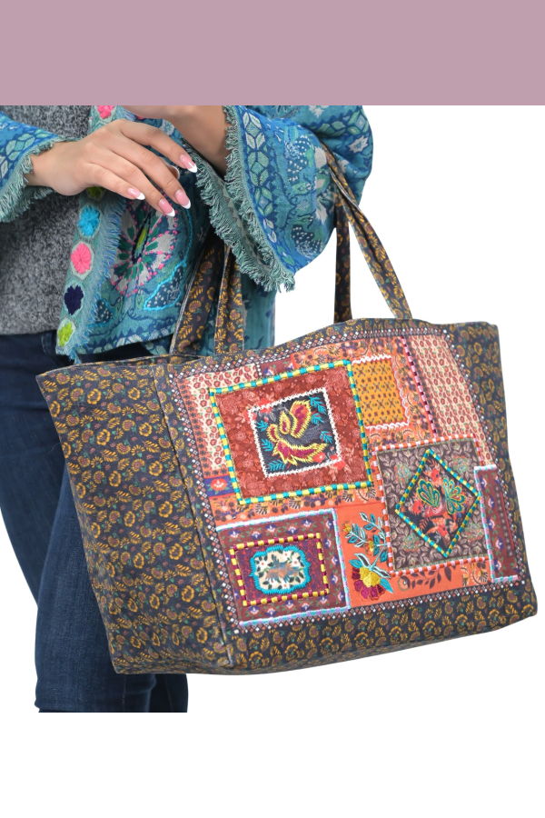 Vismaya Folklore Garden Patchwork Tote Bag - Black