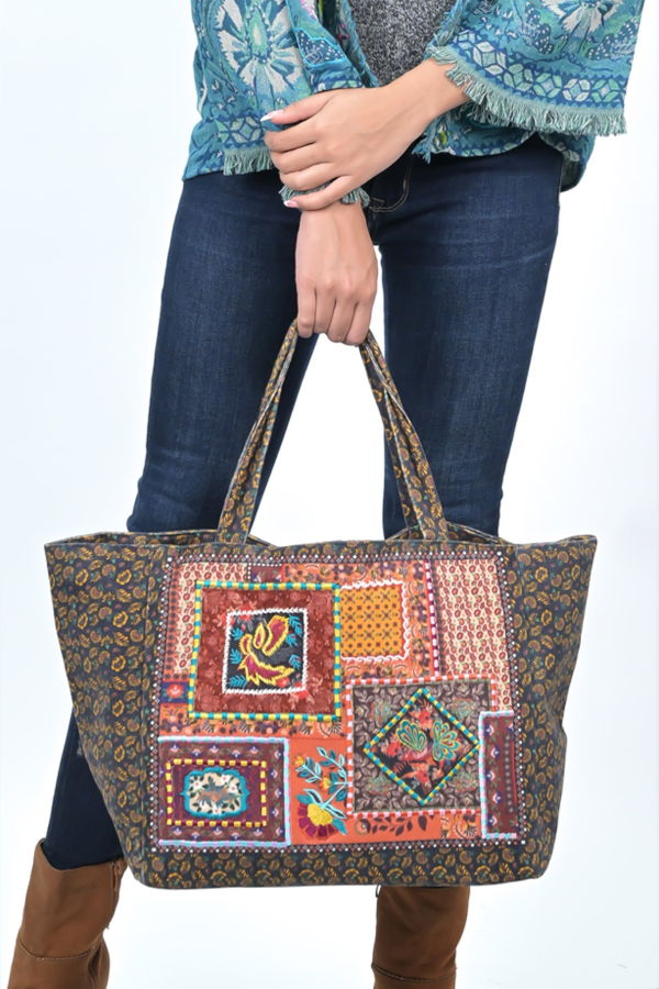 Vismaya Folklore Garden Patchwork Tote Bag - Black