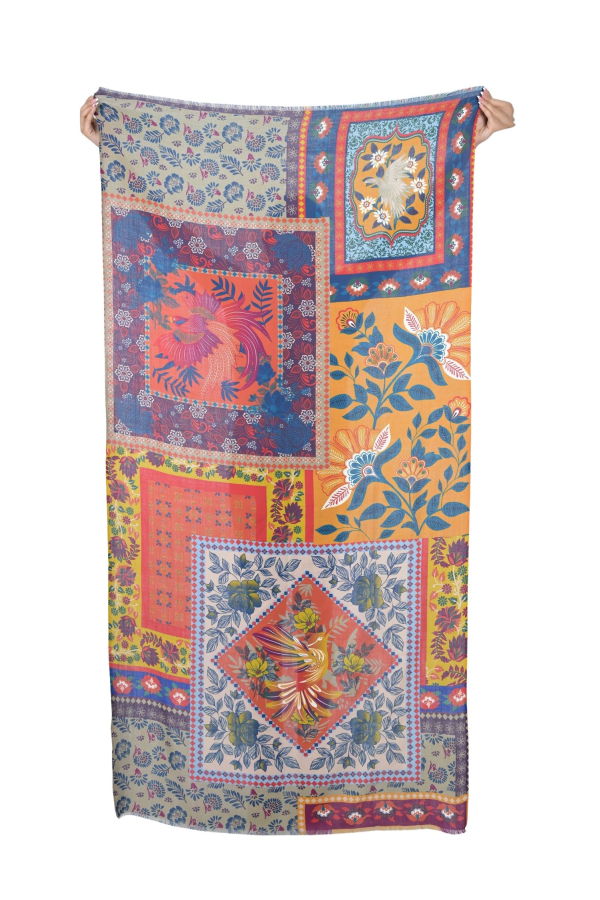 Vismaya Songbird Rectangle Wool Scarf - Orange Green