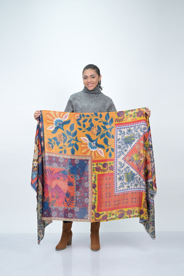 Vismaya Songbird Rectangle Wool Scarf - Orange Green
