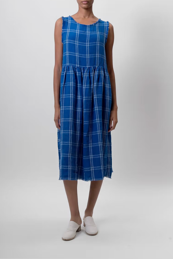 Aequamente Linen Blue Check Dress - Blue / White