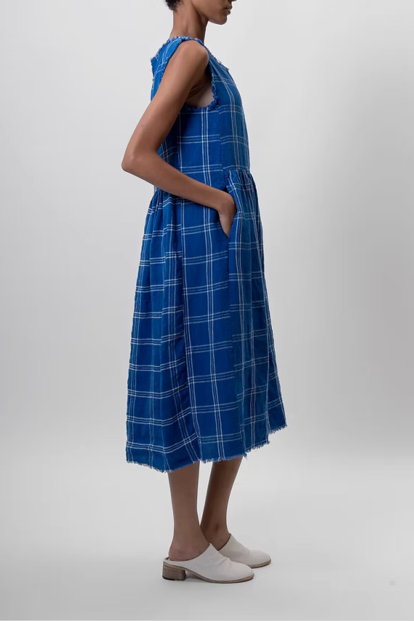 Aequamente Linen Blue Check Dress - Blue / White