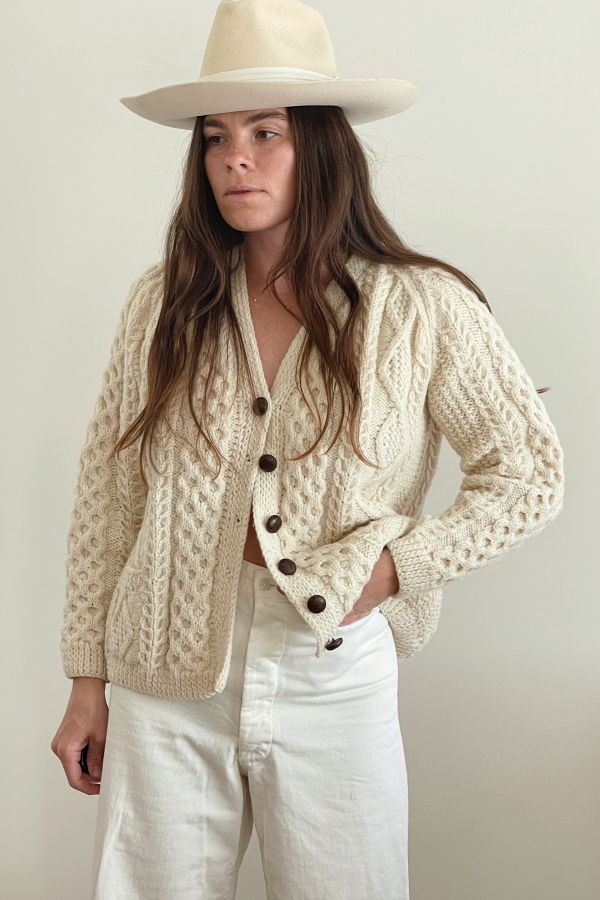 Handknit Wool Fisherman Cardigan - Cream