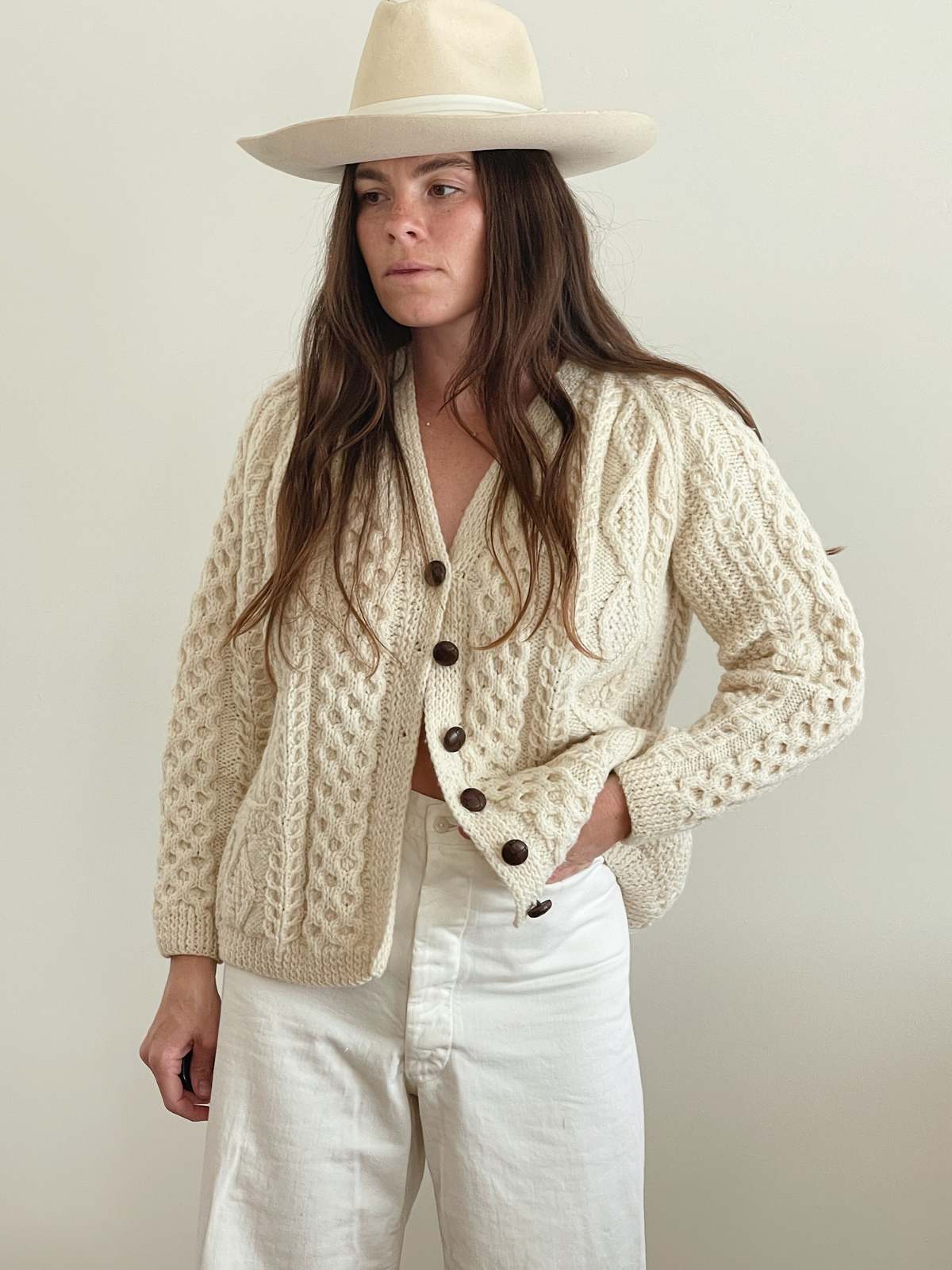 Handknit Wool Fisherman Cardigan - Cream - Image 1 of 4