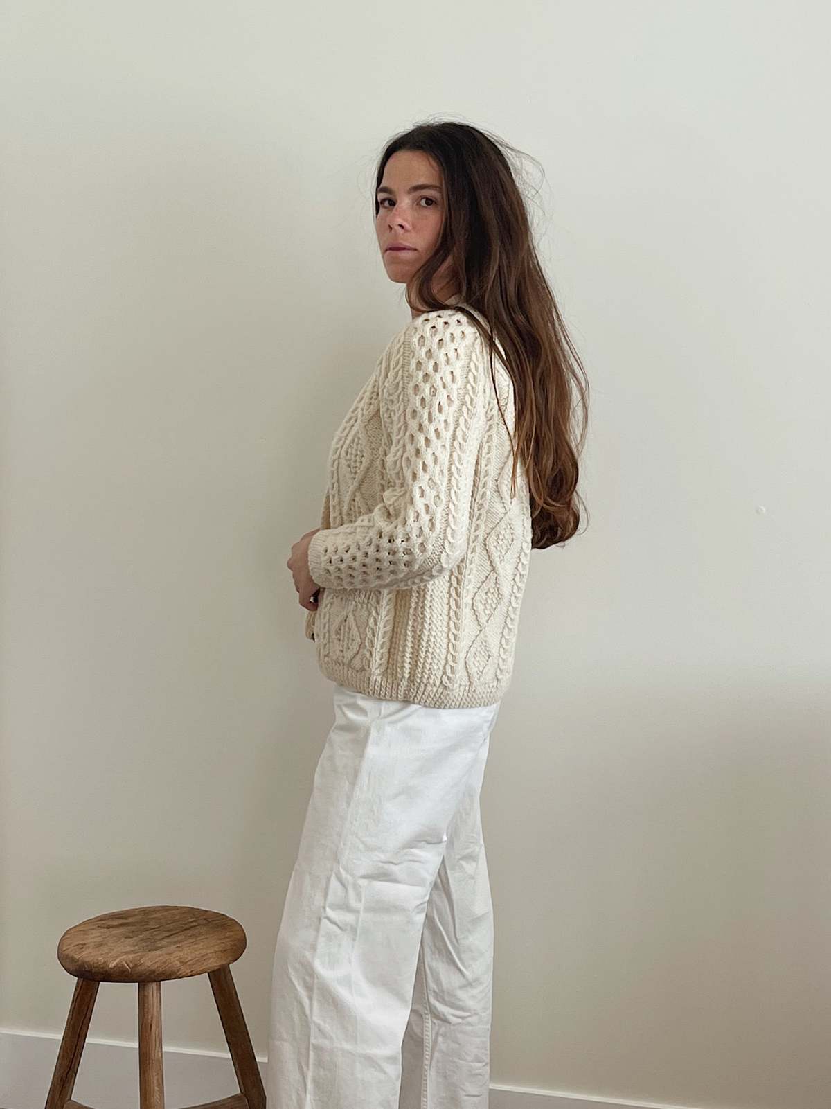 Handknit Wool Fisherman Cardigan - Cream - Image 2 of 4
