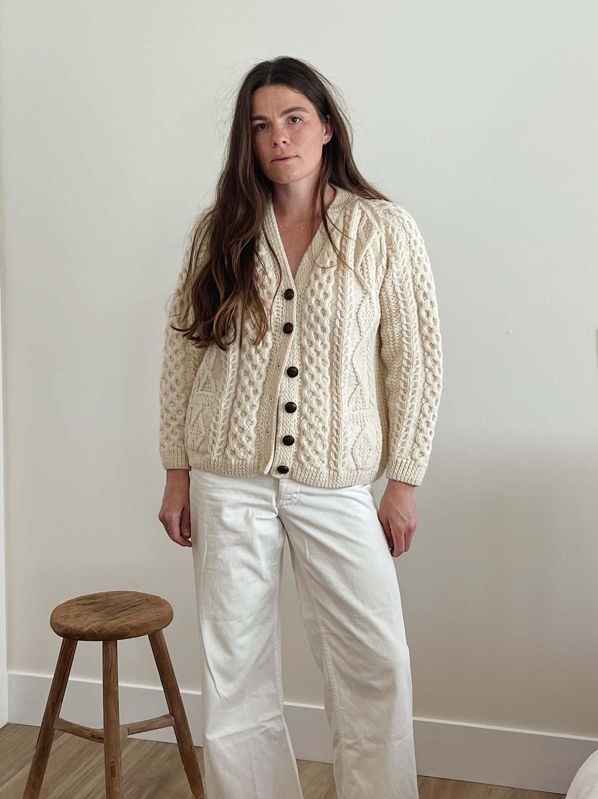 Handknit Wool Fisherman Cardigan - Cream - Image 3 of 4