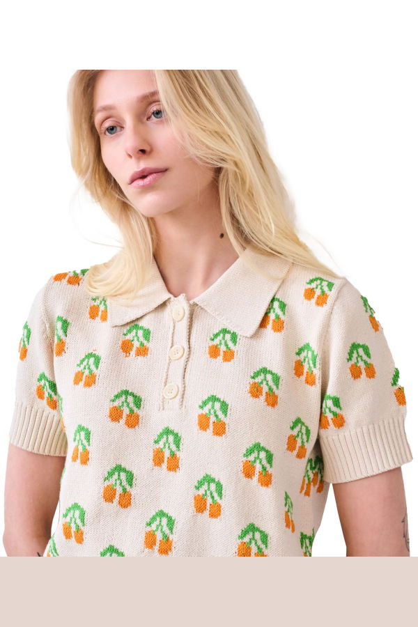 Gigi Knitwear Cherry Polo Top - Natural