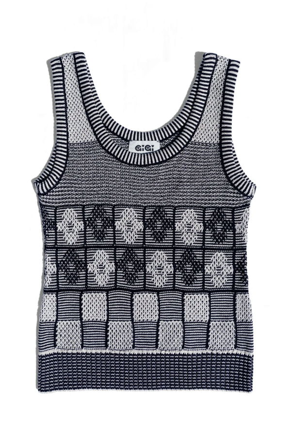 Gigi Knitwear Lila Flower Check Tank Top - Navy/Ivory