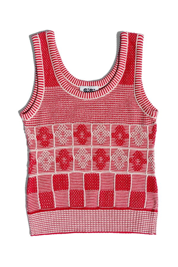 Gigi Knitwear Lila Flower Check Tank Top - Red/Natural