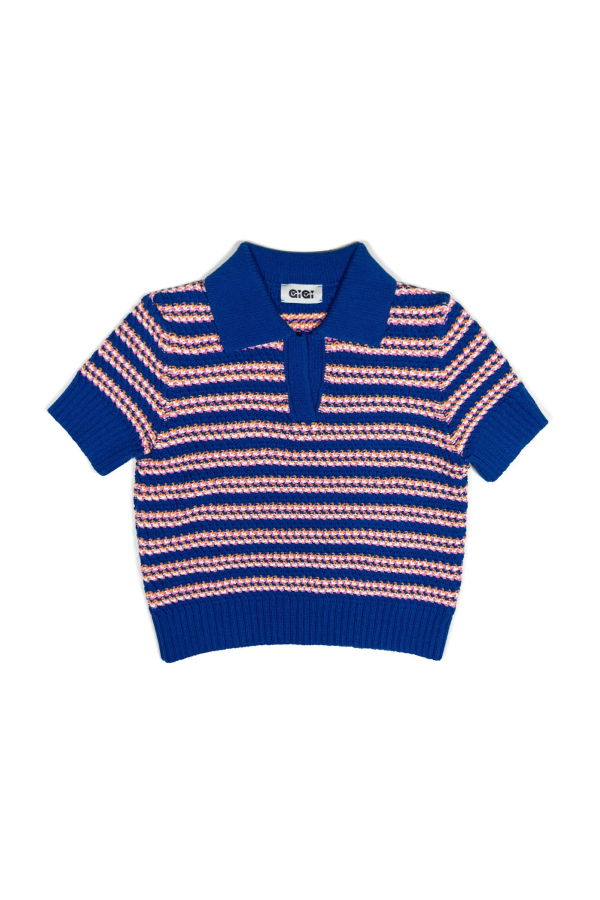 Gigi Knitwear Stripe Polo Top - Cobalt Blue/Multicolor