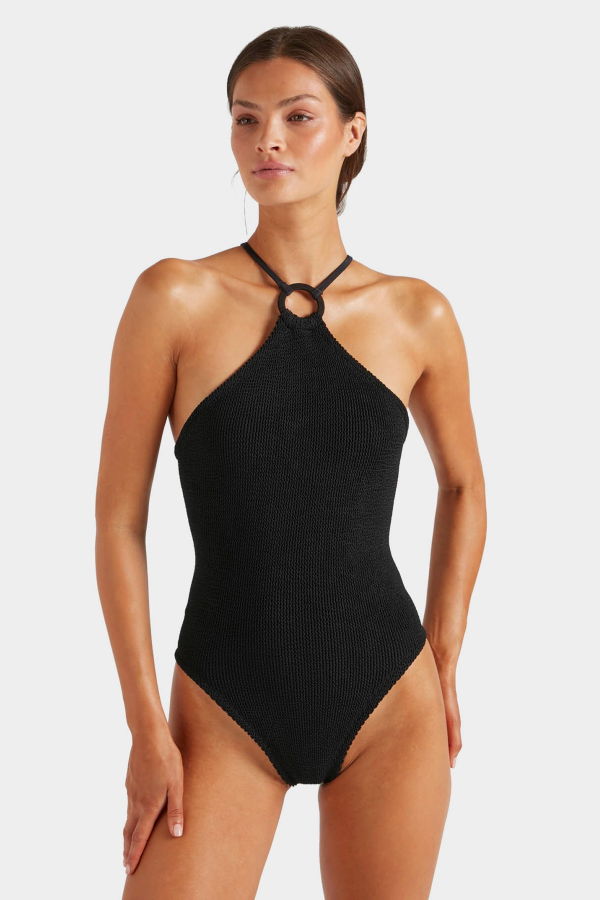 Hunza G Jasmine High Neck Tonal Hoop One Piece Swimsuit - Black