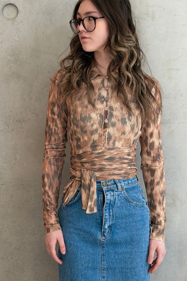 Ganni Printed Marl Mesh Tie Blouse Top