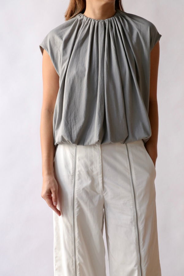 Tibi Shirred Neck Circular Tee - Pumice Grey