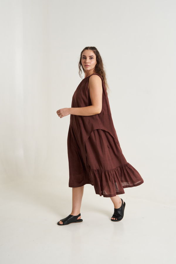 World of Crow Cocoa Brown Pleated Twirl Dress