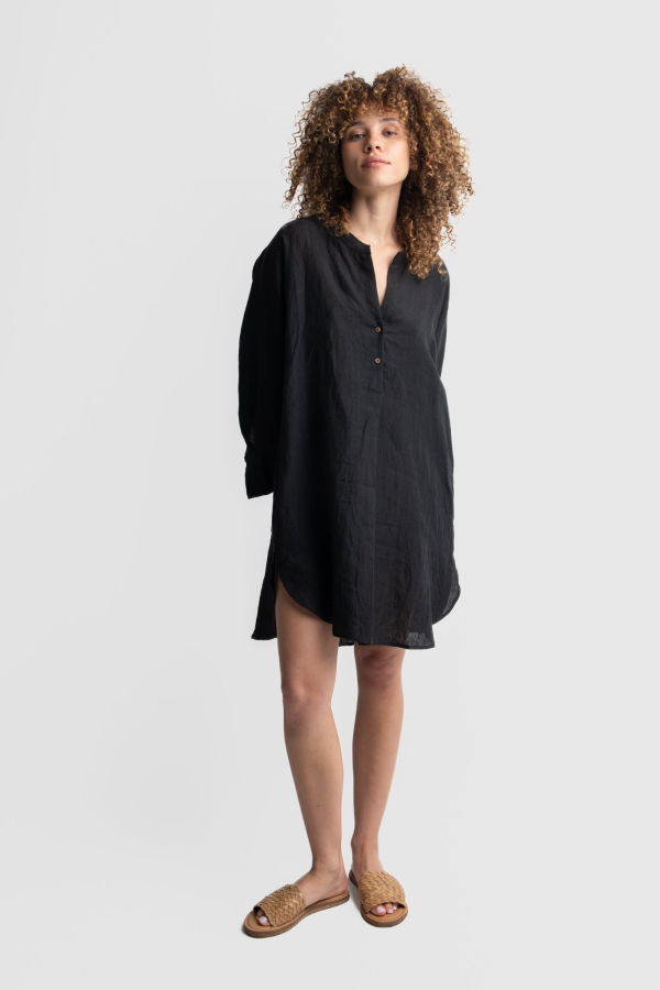 World of Crow Easy Fit Linen Tunic - Black