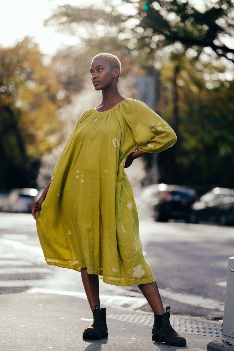 World of Crow Ochre scoop-neck gathered dress - Ochre